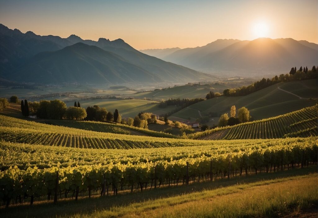 The sun is setting over a vineyard field in the Trentino-Alto Adige Wine Region of Italy.