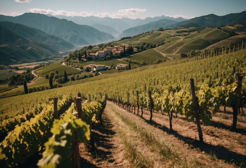 A Trentino-Alto Adige vineyard in Italy with mountains in the background.