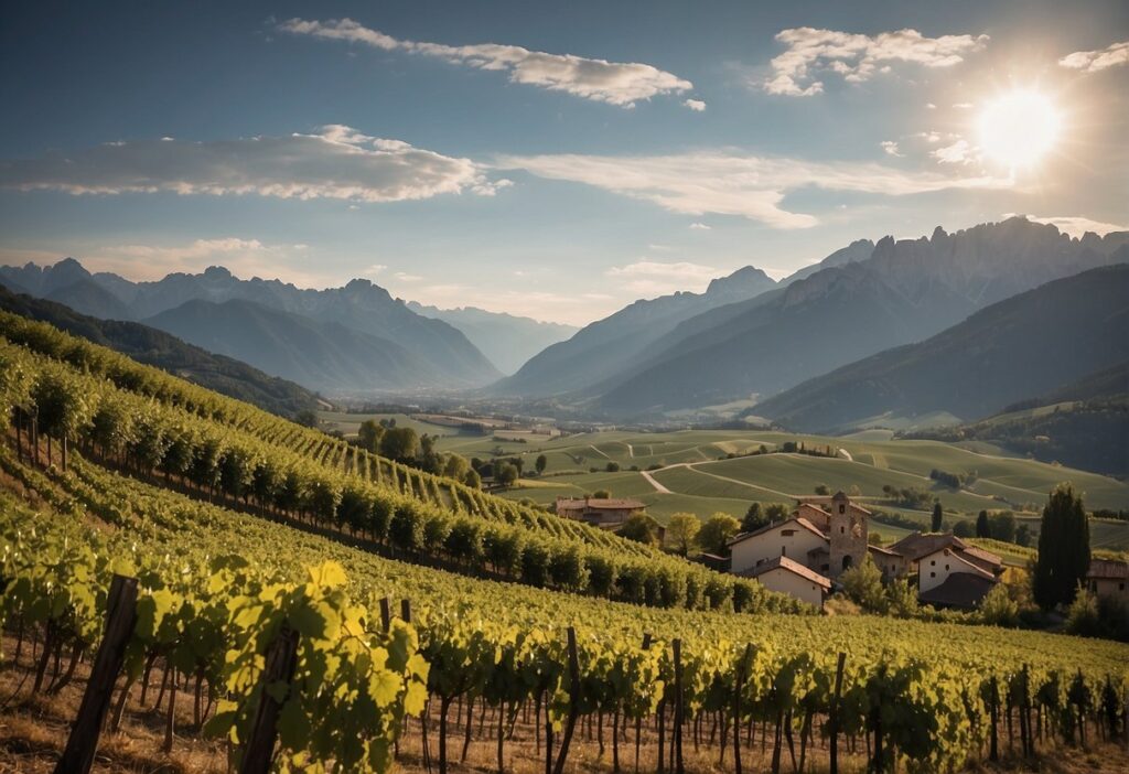 A Trentino-Alto Adige vineyard in a valley with mountains in the background.