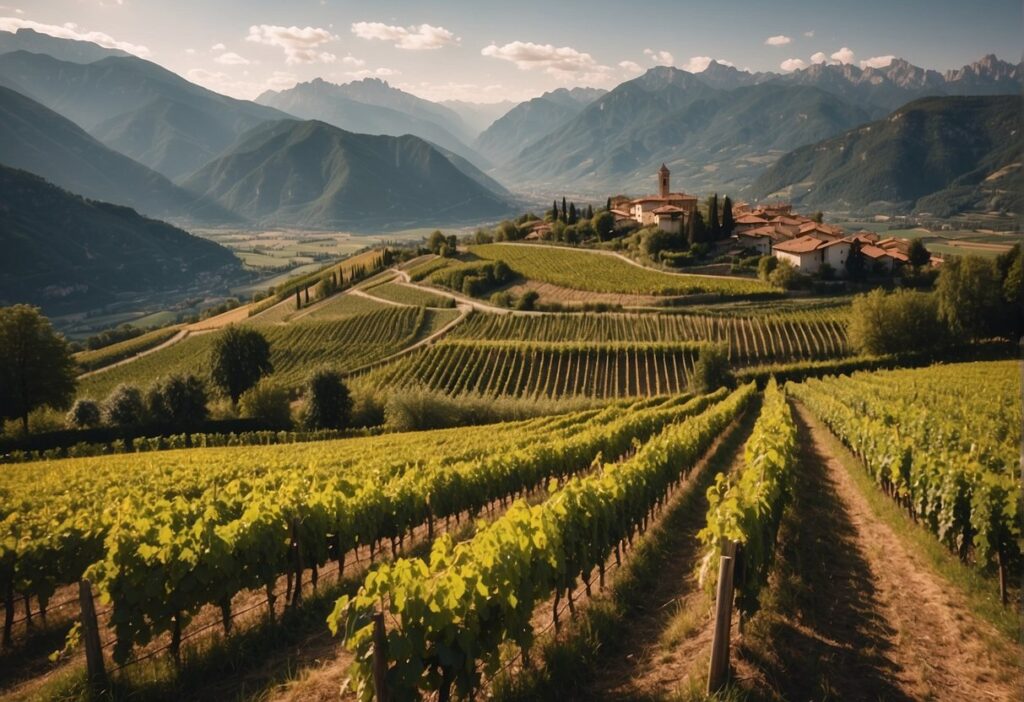 A charming vineyard in the Trentino-Alto Adige Wine Region, with a beautiful house nestled in the background.