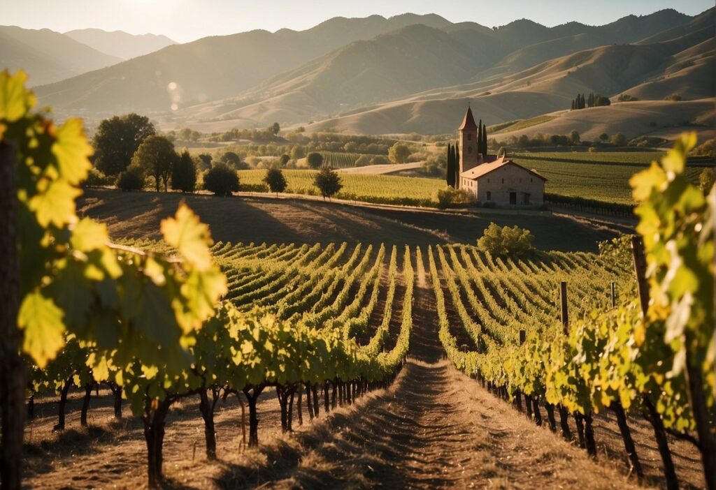 A picturesque vineyard field nestled in the stunning Trentino-Alto Adige Wine Region, framed by a charming church and majestic mountains in the backdrop.