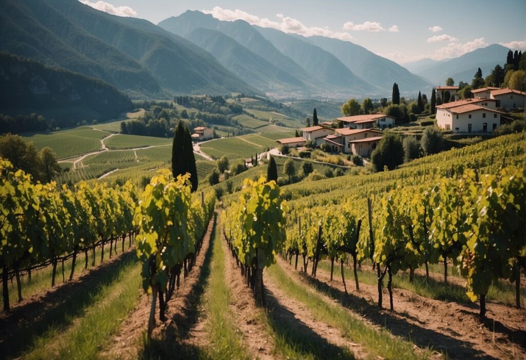 A picturesque vineyard in Italy's Trentino-Alto Adige Wine Region, nestled amidst breathtaking mountains.