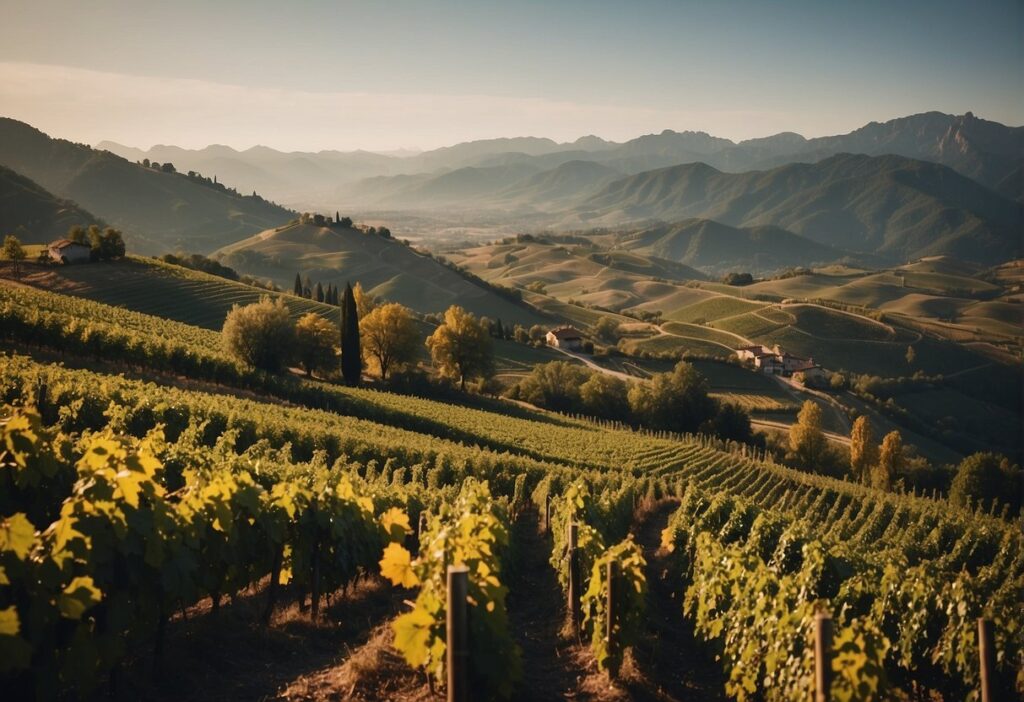 A picturesque vineyard nestled in the Trentino-Alto Adige Wine Region, surrounded by majestic mountains.