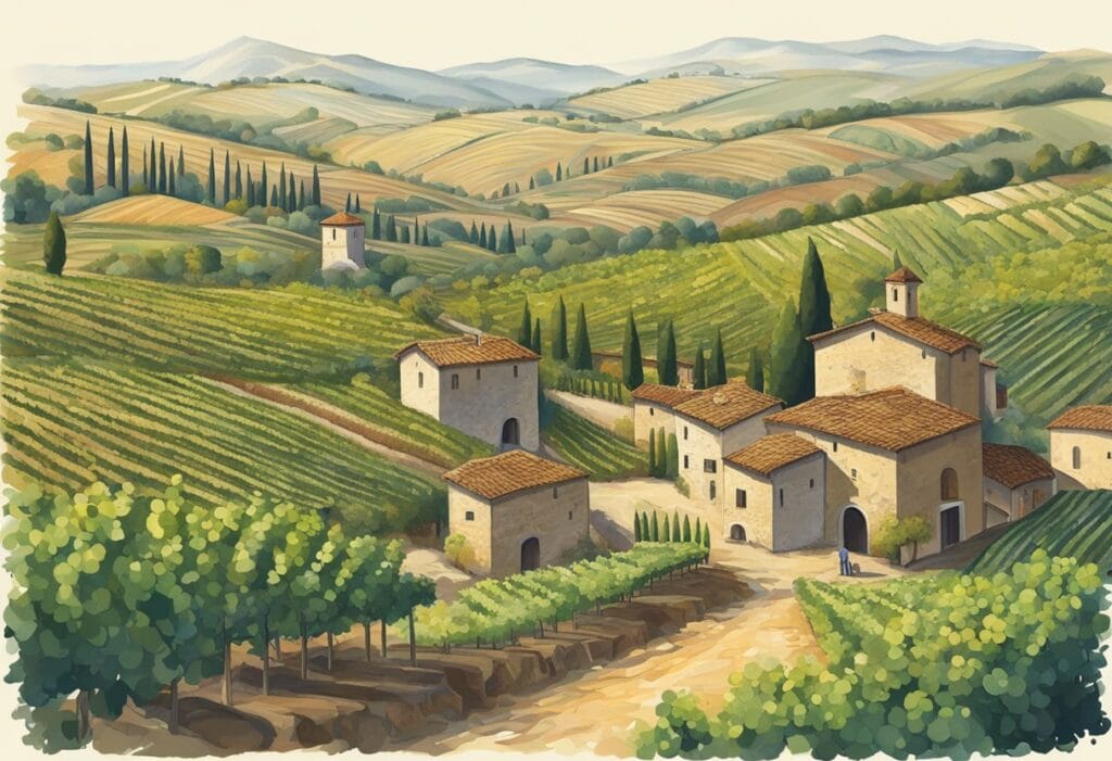 A watercolor painting of a vineyard in tuscany.