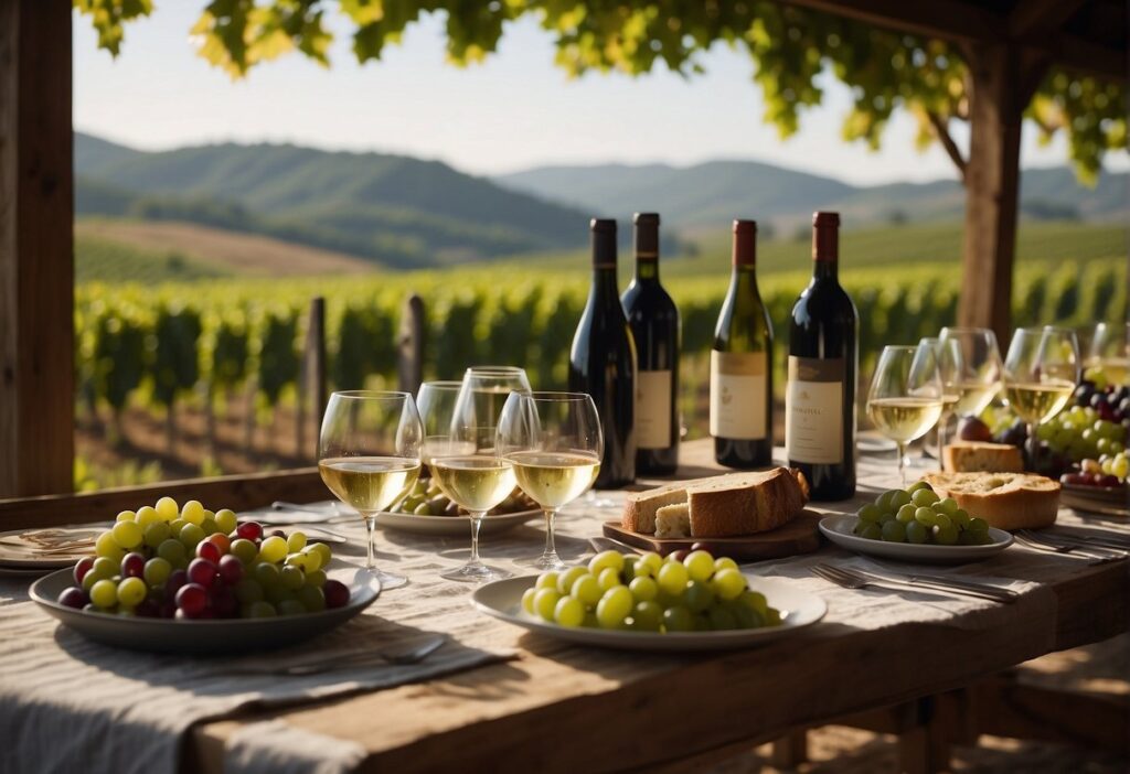 A table adorned with wine glasses and grapes from the Friuli Wine Region.