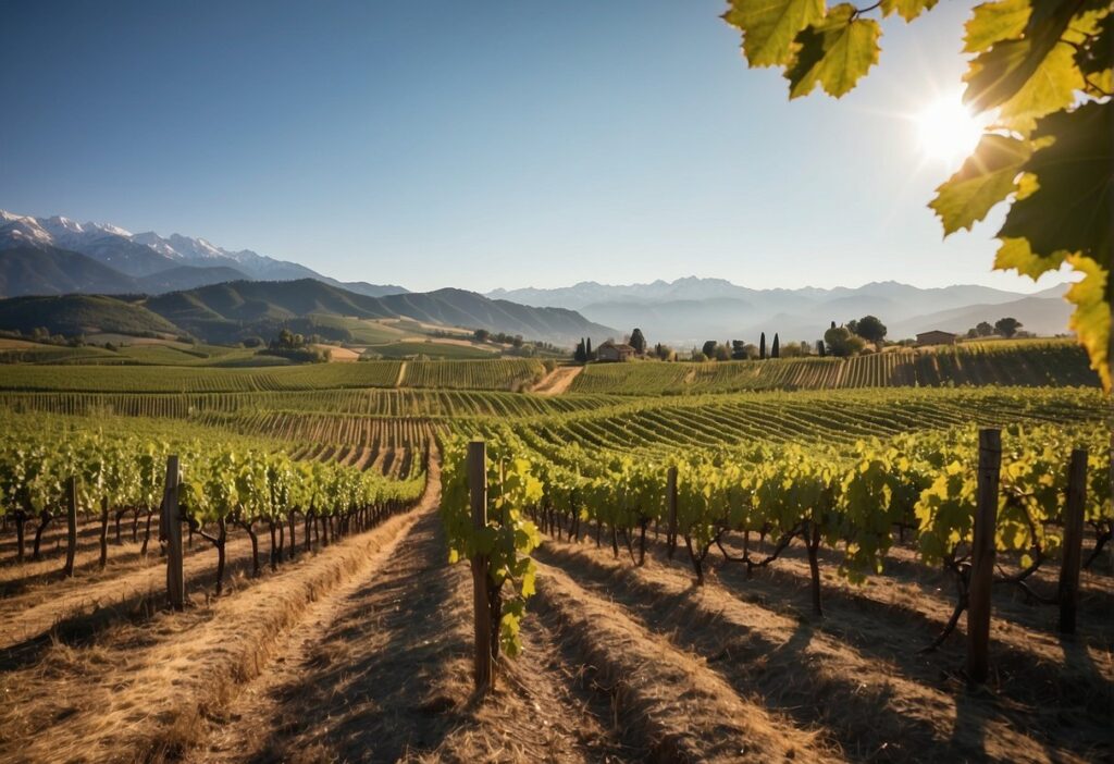 A picturesque vineyard field with towering mountains in the background, showcasing the majestic beauty of the Friuli Wine Region.