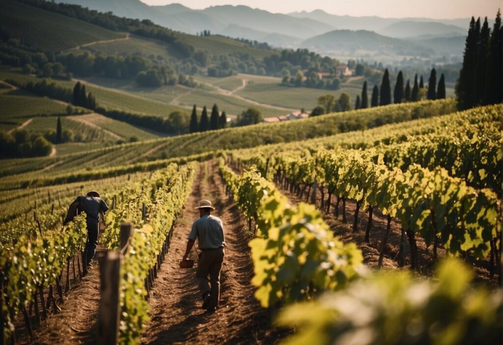 Two men walking through a vineyard in the Friuli Wine Region.