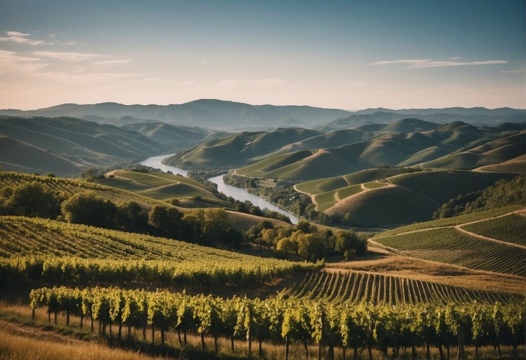 A view of vineyards and hills with a river in the background in the Friuli Wine Region.