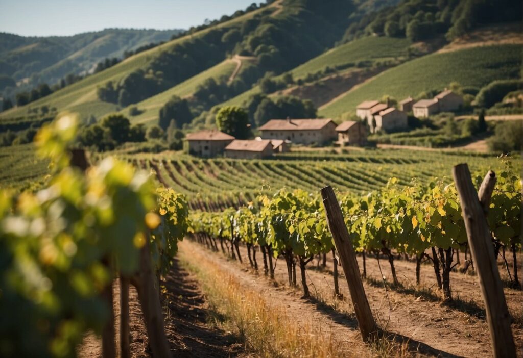 A vineyard in the Friuli Wine Region countryside with mountains in the background.