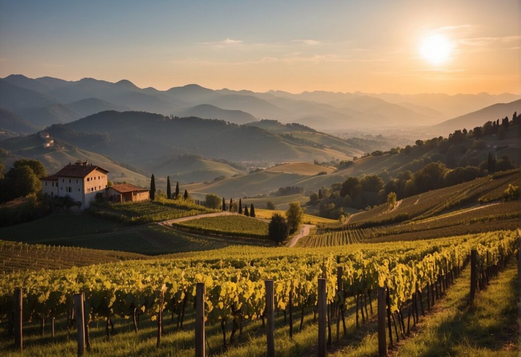 A breathtaking vineyard in the Friuli Wine Region of Italy, illuminated by the warm hues of a mesmerizing sunset.