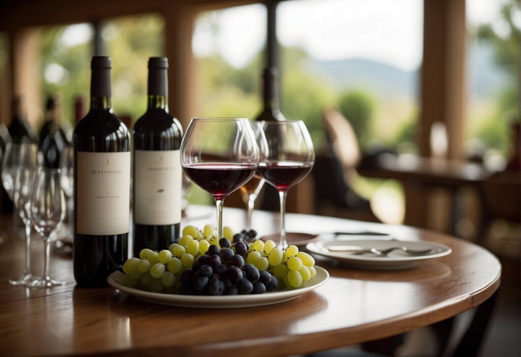 Two glasses of wine and grapes on a wooden table.