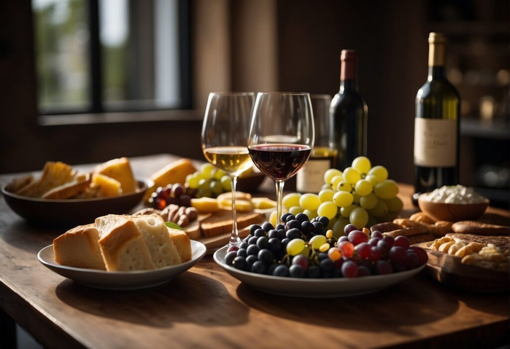 A table with wine, cheese, bread and grapes.