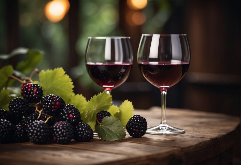 Two glasses of wine and blackberries on a wooden table.