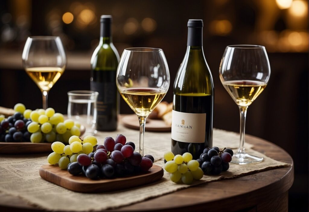 Three glasses of wine and grapes on a wooden table.