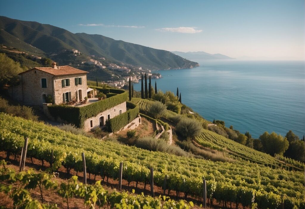 A house on a hill overlooking the Liguria Wine Region and ocean.