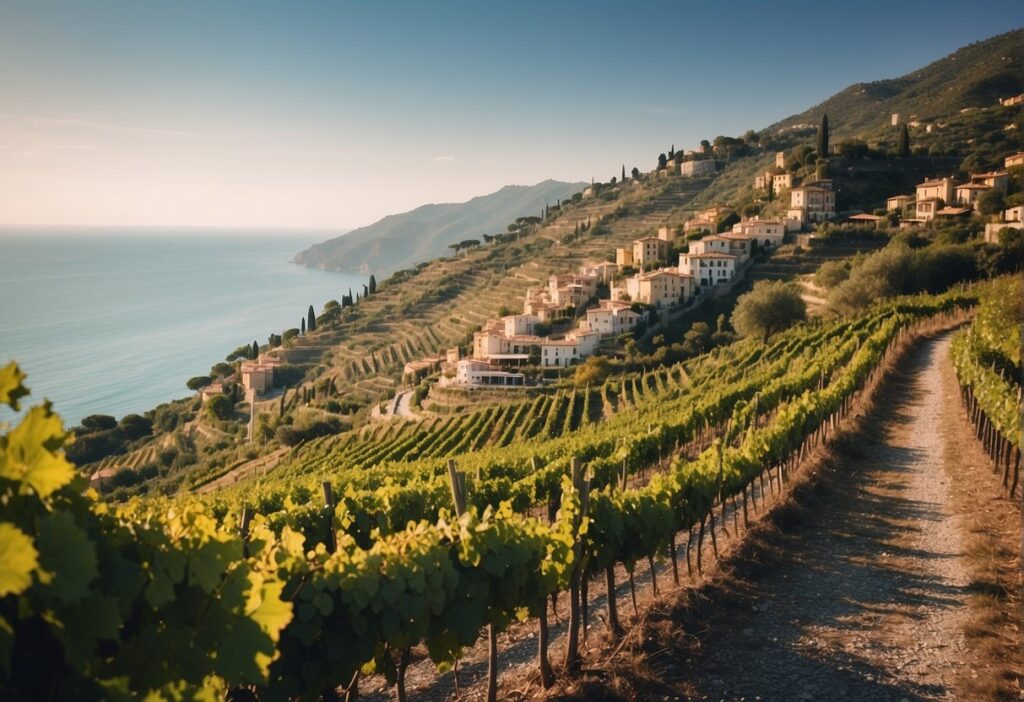 A vineyard on a hill in the Liguria Wine Region, with buildings and a body of water.