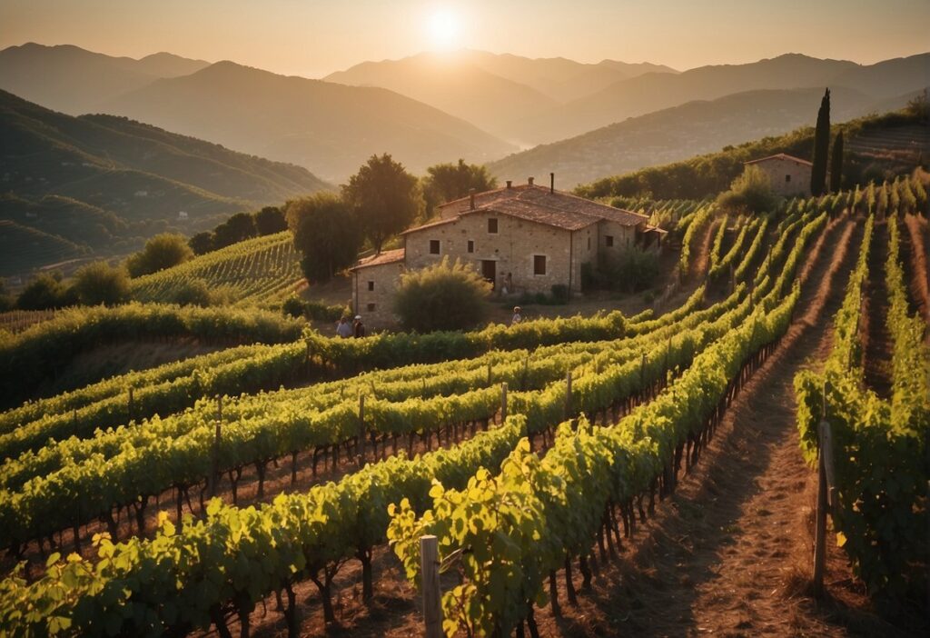 A vineyard in Liguria Wine Region at sunset.