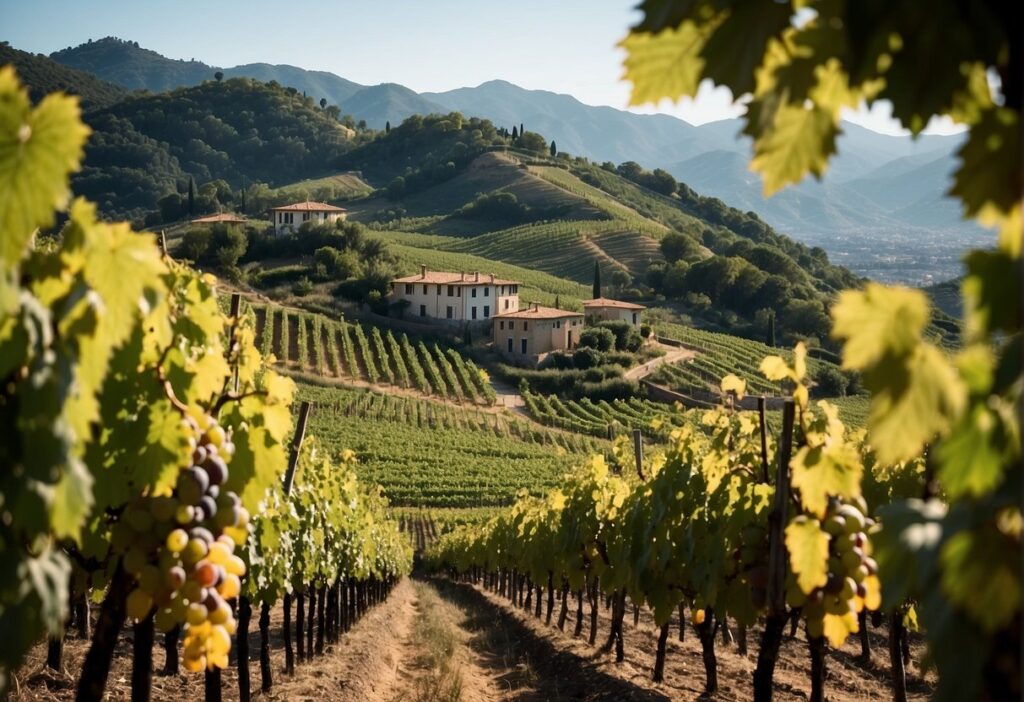 A breathtaking vineyard nestled in the picturesque Liguria Wine Region, framed by stunning houses and majestic mountains on the horizon.