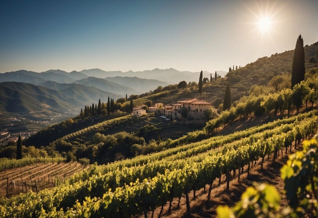 A picturesque vineyard nestled within the stunning Liguria Wine Region, boasting beautiful buildings and majestic mountains in the background.