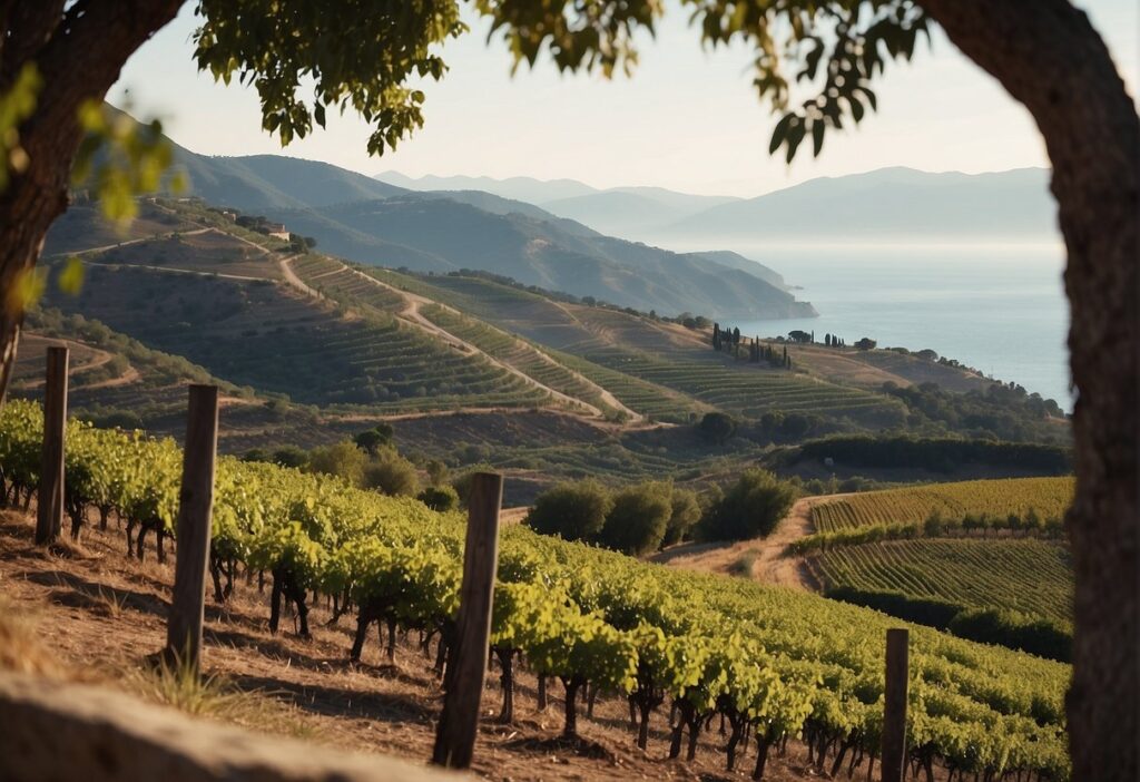 A breathtaking view of a vineyard nestled in the Liguria Wine Region, with magnificent mountains and a picturesque ocean stretching out in the background.