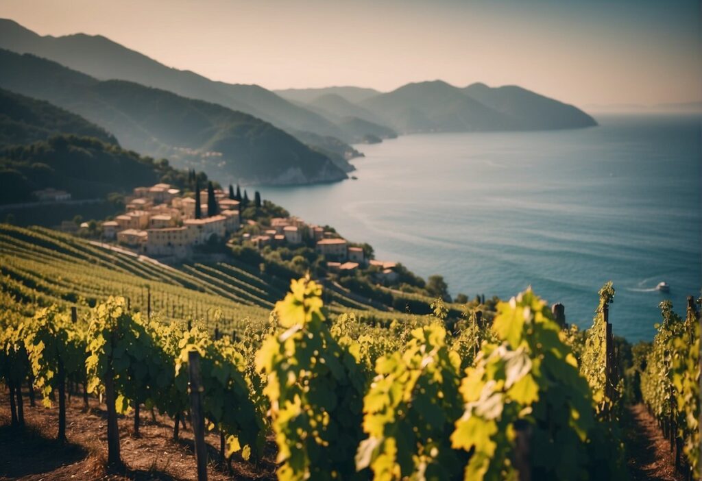 In the picturesque Liguria Wine Region, nestled amongst lush vineyards, lies a charming estate boasting scenic views of rolling hills and a tranquil body of water. This idyllic setting is enhanced