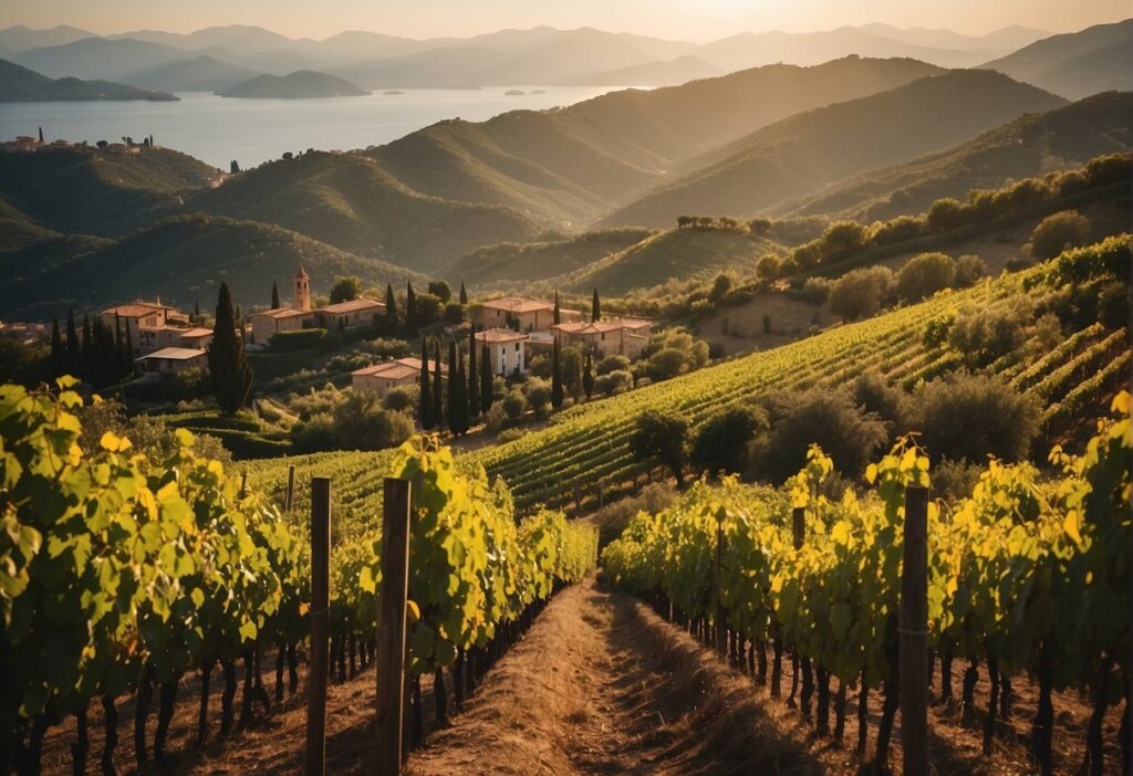 A vineyard in the Liguria Wine Region at sunset.