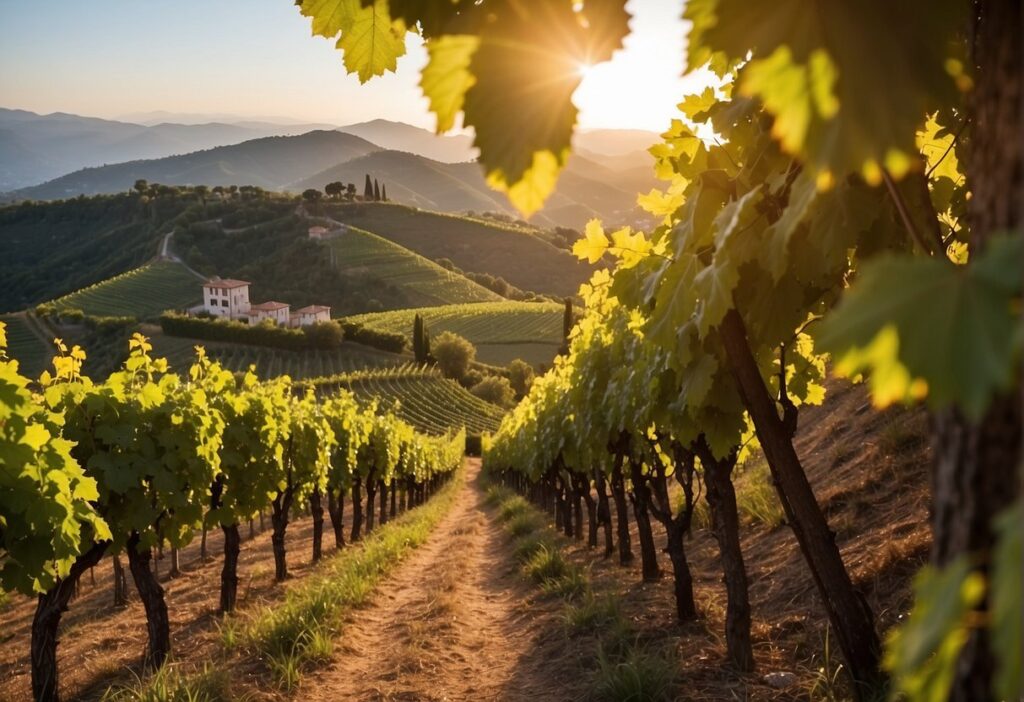 A breathtaking vineyard nestled within the picturesque hills of Liguria Wine Region, with a meandering road adding charm to the scenic backdrop.