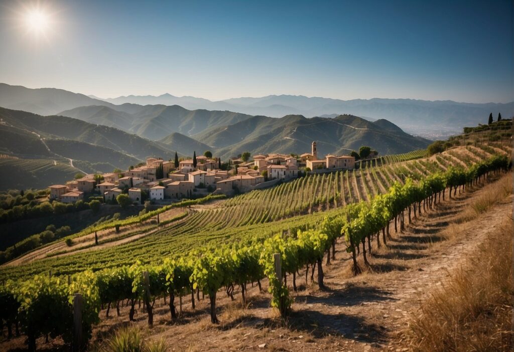 A picturesque vineyard nestled in the Liguria Wine Region, with majestic mountains serving as a breathtaking backdrop.