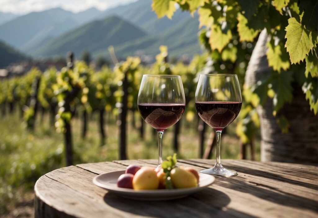 Two glasses of Valtellina wine and fruit on a table.