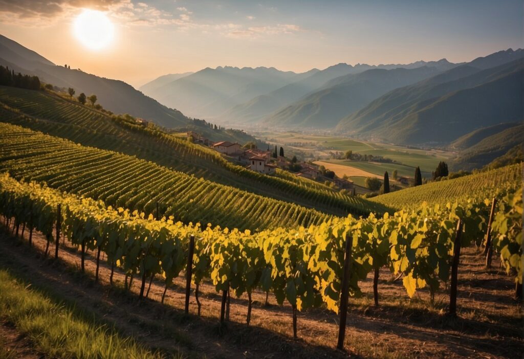 A picturesque vineyard nestled in the scenic Valtellina Wine Region, with majestic mountains serving as a breathtaking backdrop.