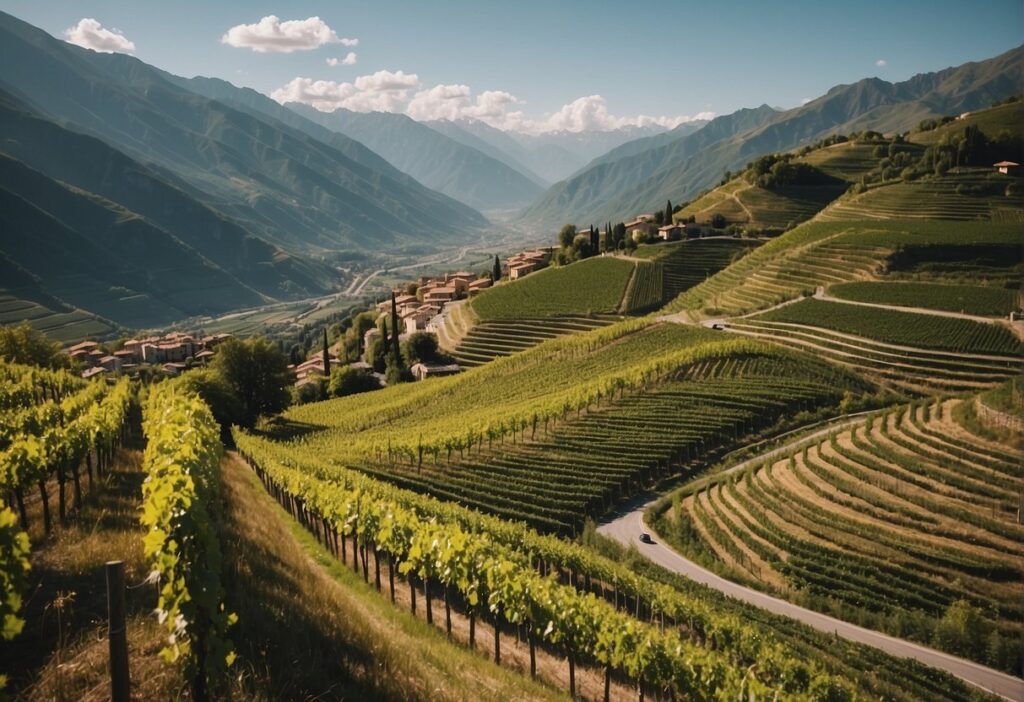 A picturesque landscape of the Valtellina Wine Region encompassing a vineyard.