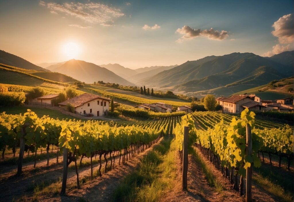 The Valtellina Wine Region vineyard field at sunset in Italy.