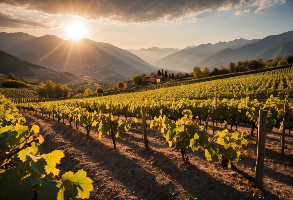 The sun is setting over a vineyard in the Valtellina Wine Region.