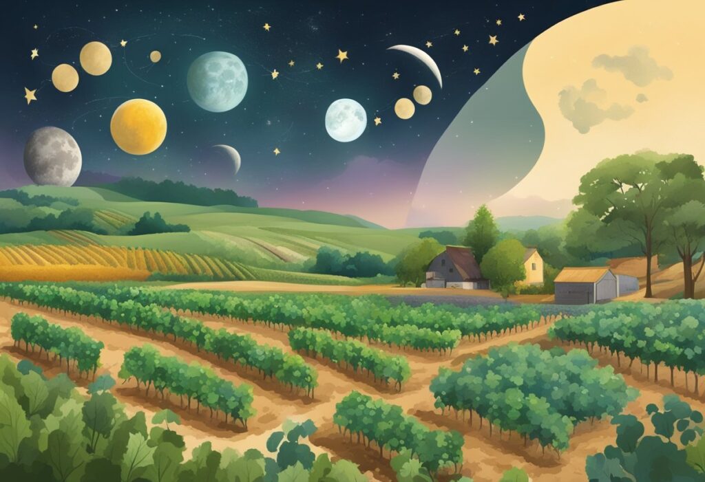 An illustration of a farm with celestial bodies in the sky, incorporating elements of biodynamic wine practices.