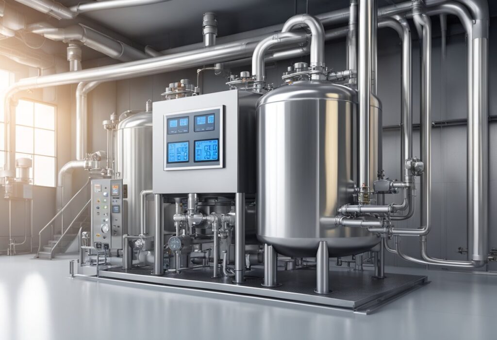 3D rendering of a water treatment system in a factory with temperature-controlled fermentation.