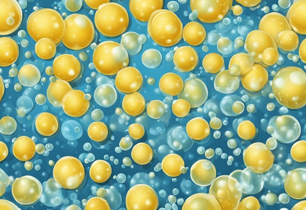 Temperature-controlled yellow bubbles floating in a blue background during fermentation.