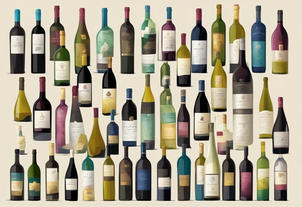 A collage of wine bottles on a beige background.