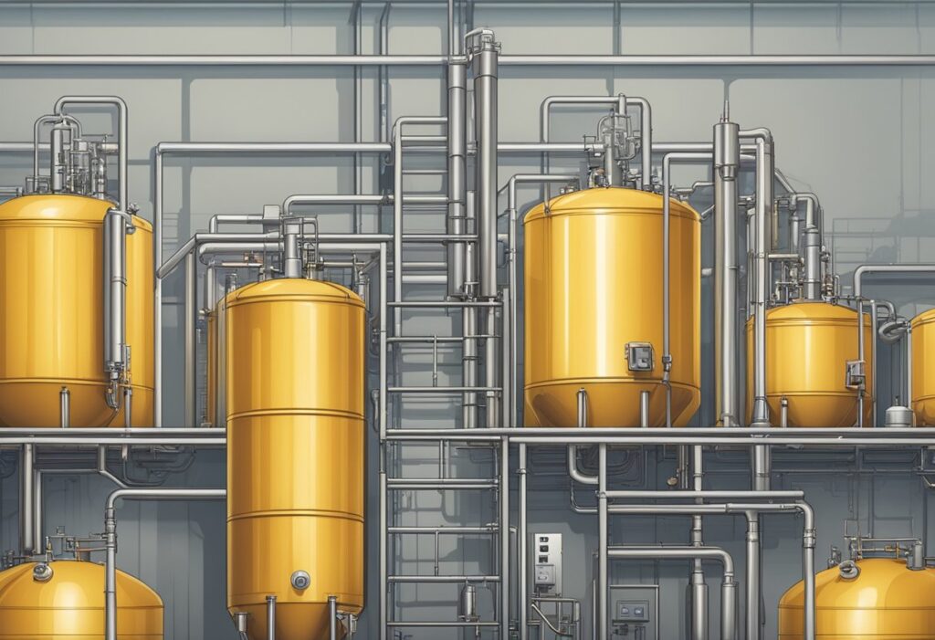 A temperature-controlled fermentation factory with a lot of tanks and pipes.