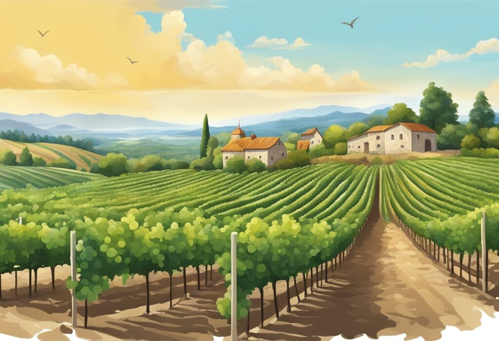 A watercolor illustration of a vineyard in Tuscany implementing biodynamic wine practices.