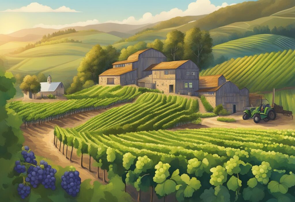 A biodynamic farm with vineyards and a cartoon illustration of a tractor.