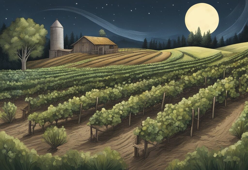 A mesmerizing painting capturing the essence of a vineyard field at night, showcasing the beauty and tranquility that only unfolds when the sun goes down.