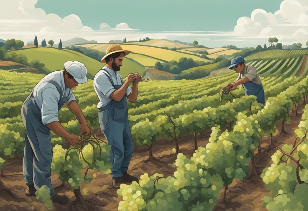 A painting showcasing the meticulous Biodynamic Wine Practices as men expertly pick grapes in a scenic vineyard.