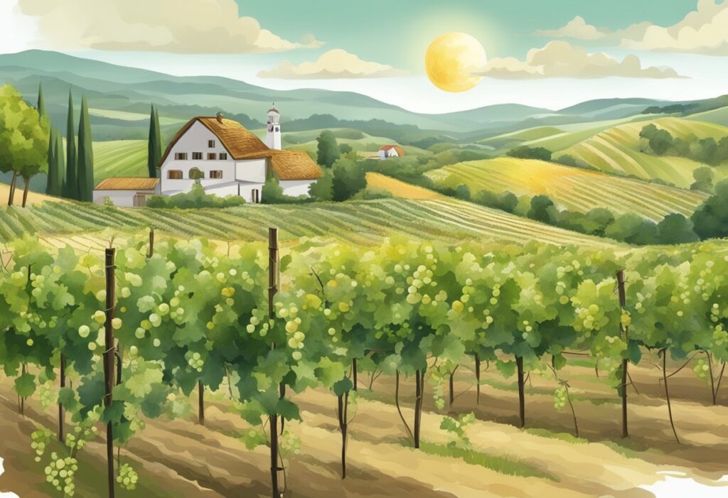 A watercolor illustration of a vineyard practicing biodynamic wine methods in Tuscany.