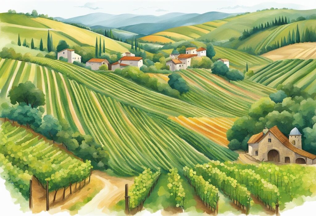 A watercolor illustration capturing the beauty of a vineyard in Tuscany, showcasing the scenic landscape and serene atmosphere.