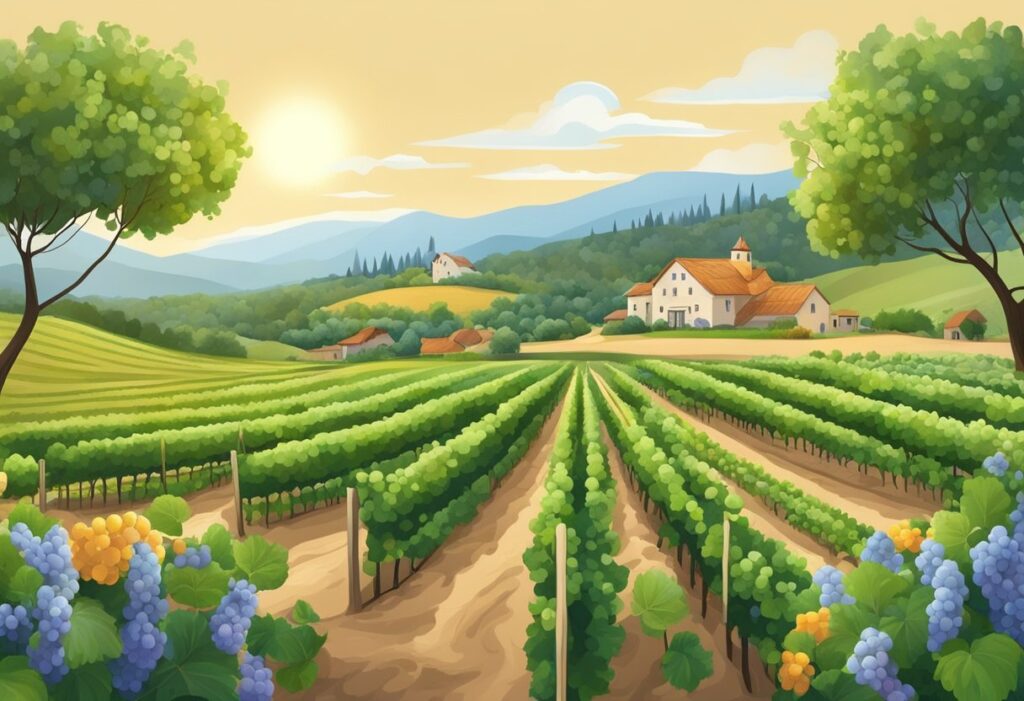 An illustration of a biodynamic vineyard in the countryside.