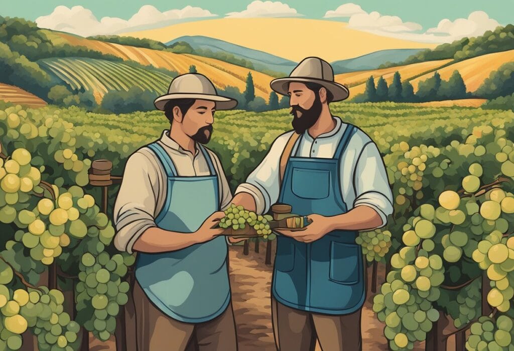 Two men in aprons are picking grapes in a vineyard.