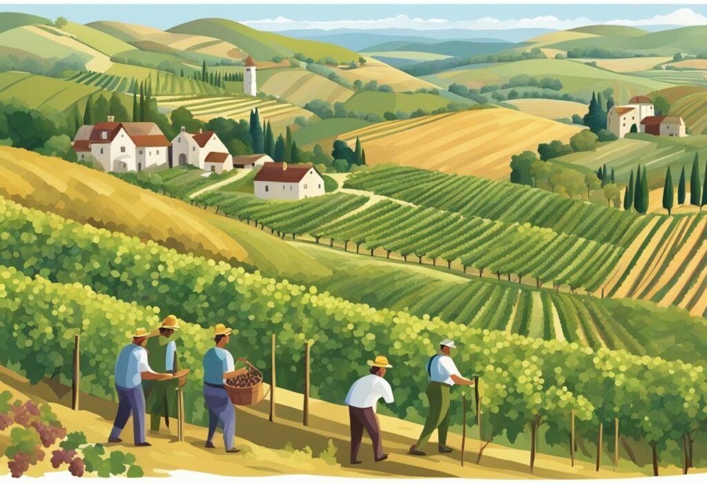 Illustration of a vineyard with workers picking grapes.