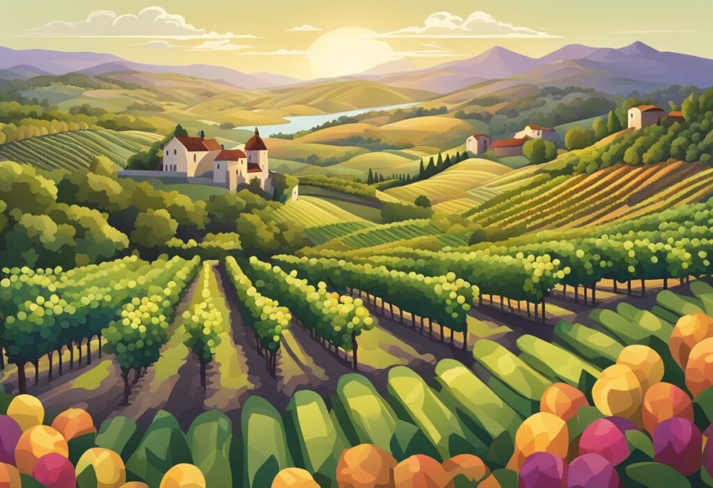 A painting of a vineyard with tulips and a castle in the background.