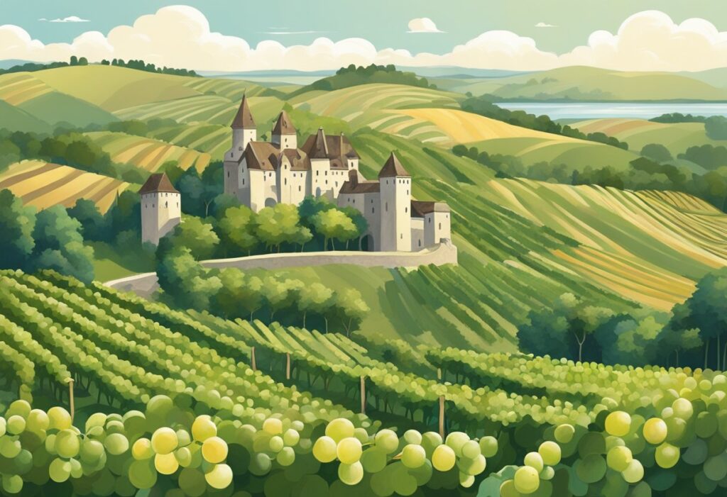 An illustration of a vineyard with a castle in the background.