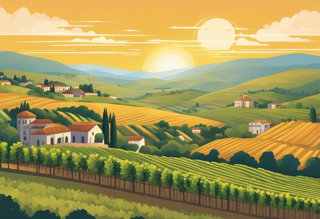 An illustration of a vineyard landscape at sunset.